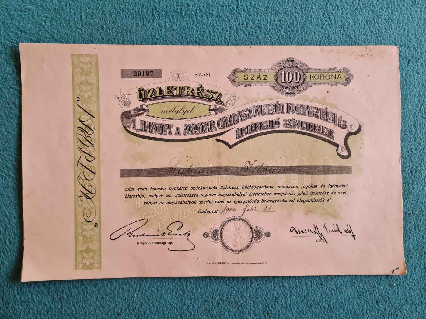 Hangya üzletrész 100 korona