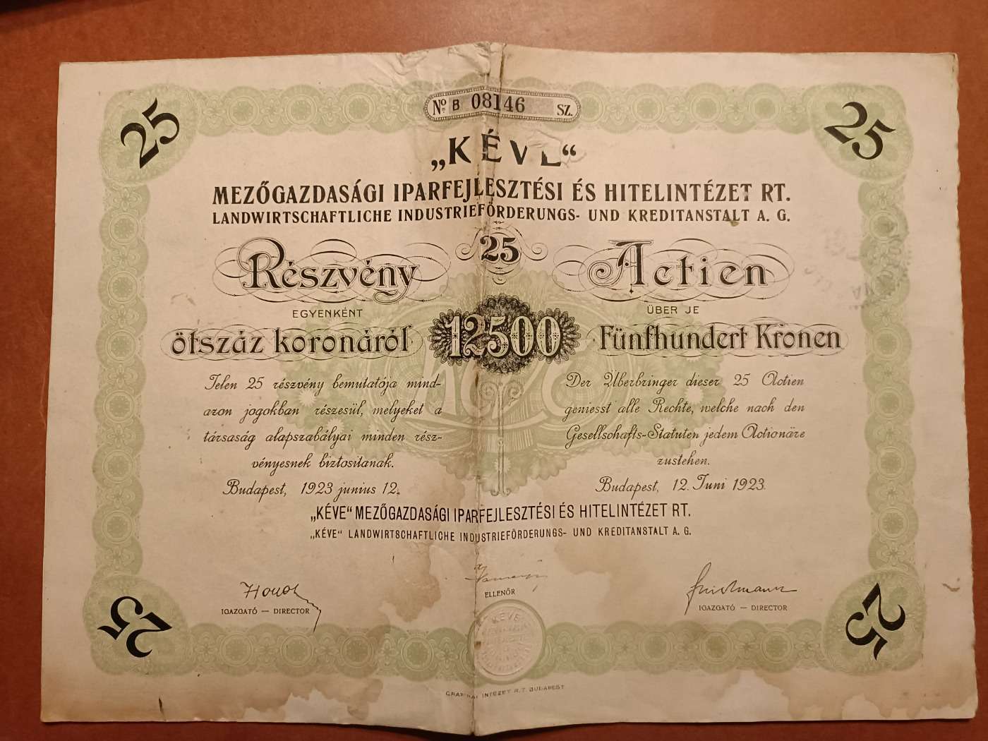 Részvény 12500 koronáról 'Kéve"